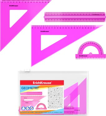 Набор для черчения Erich Krause Neon (линейка с держ./2 угольн./транс-р) розовый 55539