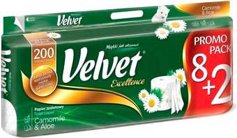 Туалетная бумага Velvet Excellence Ромашка Алоэ (3 слоя, 8+2 рулонов) - 1/1