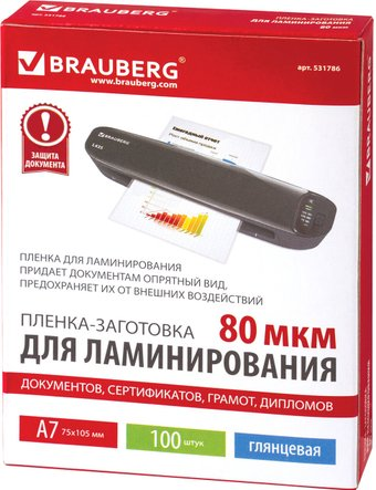 Пленка для ламинирования BRAUBERG Brauberg А7 80 мкм 100 шт 531786 (глянцевый, прозрачный) - 1/1