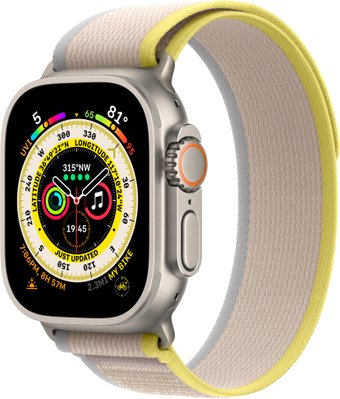 Умные часы Apple Watch Ultra LTE 49 мм (титановый корпус, титановый/желто-бежевый, нейлоновый ремешок размера M/L) - 1/1