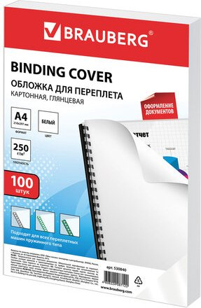 Картонная обложка для переплета BRAUBERG A4 250 г/м2 100 шт 530840 (белый) - 1/1