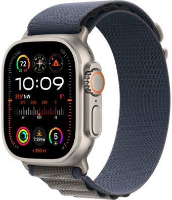 Умные часы Apple Watch Ultra 2 LTE 49 мм (титановый корпус, титановый/синий, текстильный ремешок размера L) - 1/1