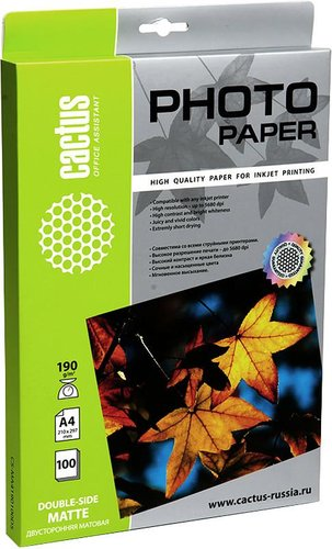 Фотобумага CACTUS Двусторонняя матовая A4 190 г/кв.м. 100 листов (CS-MA4190100DS) - 1/1