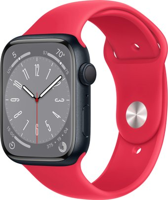 Умные часы Apple Watch Series 8 45 мм (алюминиевый корпус, полуночный/красный, спортивные силиконовые ремешки S/M + M/L) - 1/1