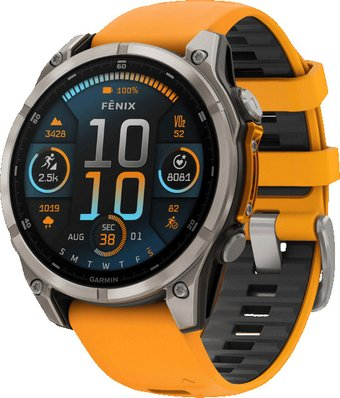 Умные часы Garmin Fenix 8 Sapphire, Titanium 47мм (светло-серый, оранжевый силиконовый ремешок) - 1/1
