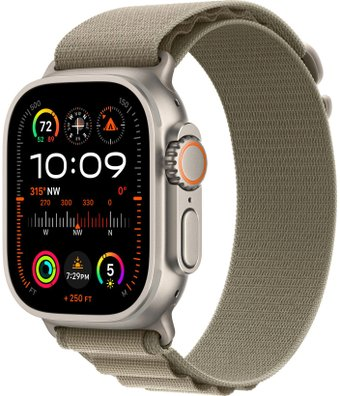 Умные часы Apple Watch Ultra 2 LTE 49 мм (титановый корпус, титановый/оливковый, текстильный ремешок размера M) - 1/1