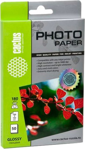 Фотобумага CACTUS Глянцевый A6 180 г/м2 50 листов (CS-GA618050) - 1/1