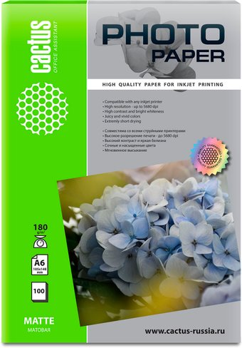 Фотобумага CACTUS Матовая A6 10x15 180 г/м2 100 листов CS-MA6180100 - 1/1