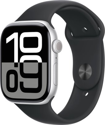 Умные часы Apple Watch Series 10 46 мм (алюминиевый корпус, серебристый/черный, спортивный силиконовый ремешок S/M) - 1/1