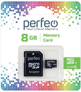 Карта памяти Perfeo microSDHC Class 10 8GB PF8GMCSH10A (с адаптером) - 1/1