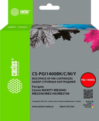 Картридж CACTUS CS-PGI1400BK-C-M-Y (аналог Canon PGI1400BK-C-M-Y) - 1/1