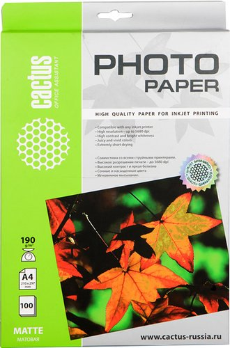 Фотобумага CACTUS Матовая A4 190 г/кв.м. 100 листов(CS-MA4190100) - 1/1