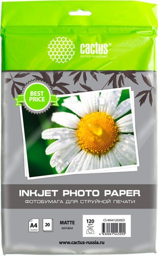 Фотобумага CACTUS Матовая A4 120 г/м2 20 листов CS-MA412020ED - 1/1