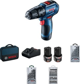 Ударная дрель-шуруповерт Bosch GSB 12V-30 Professional 06019G9101 (с 2-мя АКБ 2 Ач, набор оснастки, сумка) - 1/1